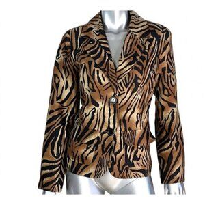 Anne Carson Brown Black Silk Cotton Blend Zebra Print Blazer Medium